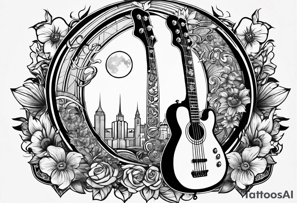 Tattoo full left arm with a collage of a bass guitar, mickey mouse silhouette, caduceus symbol, two stars and the sun with a moon with no flowers or buildings tattoo idea
