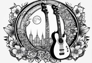 Tattoo full left arm with a collage of a bass guitar, mickey mouse silhouette, caduceus symbol, two stars and the sun with a moon with no flowers or buildings tattoo idea