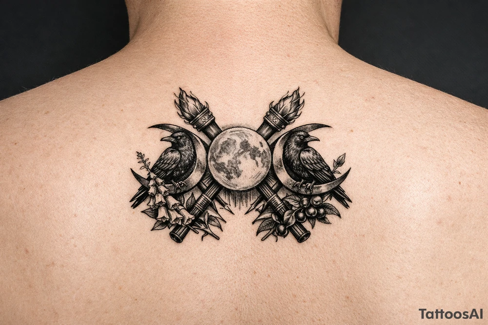 Triple moon with ravens on crescents, crossing torches behind, foxglove, belladonna. tattoo idea