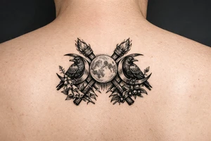 Triple moon with ravens on crescents, crossing torches behind, foxglove, belladonna. tattoo idea