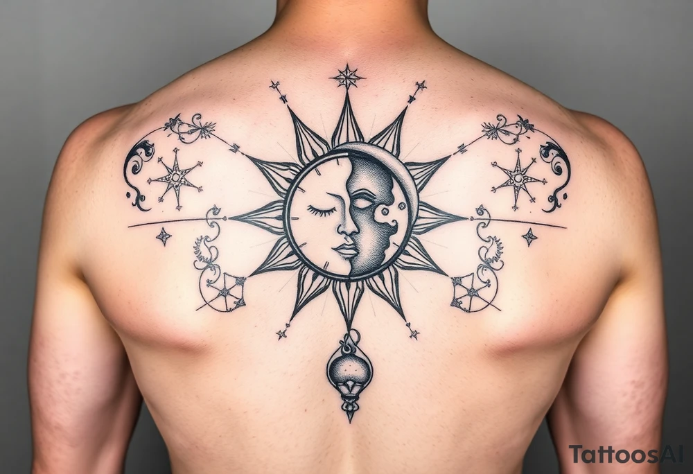 celestial sun and moon embrace with panther constellation patterns tattoo idea