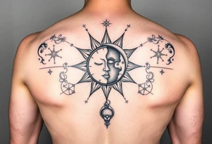 celestial sun and moon embrace with panther constellation patterns tattoo idea