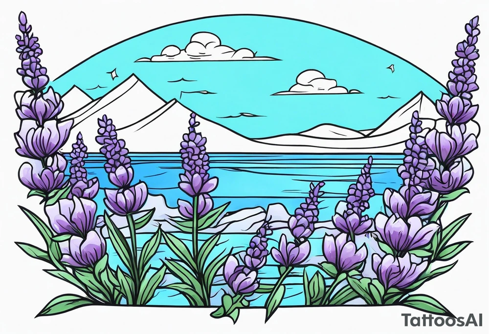 lavender flowers, ocean and sky in the background. tattoo idea