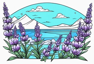 lavender flowers, ocean and sky in the background. tattoo idea