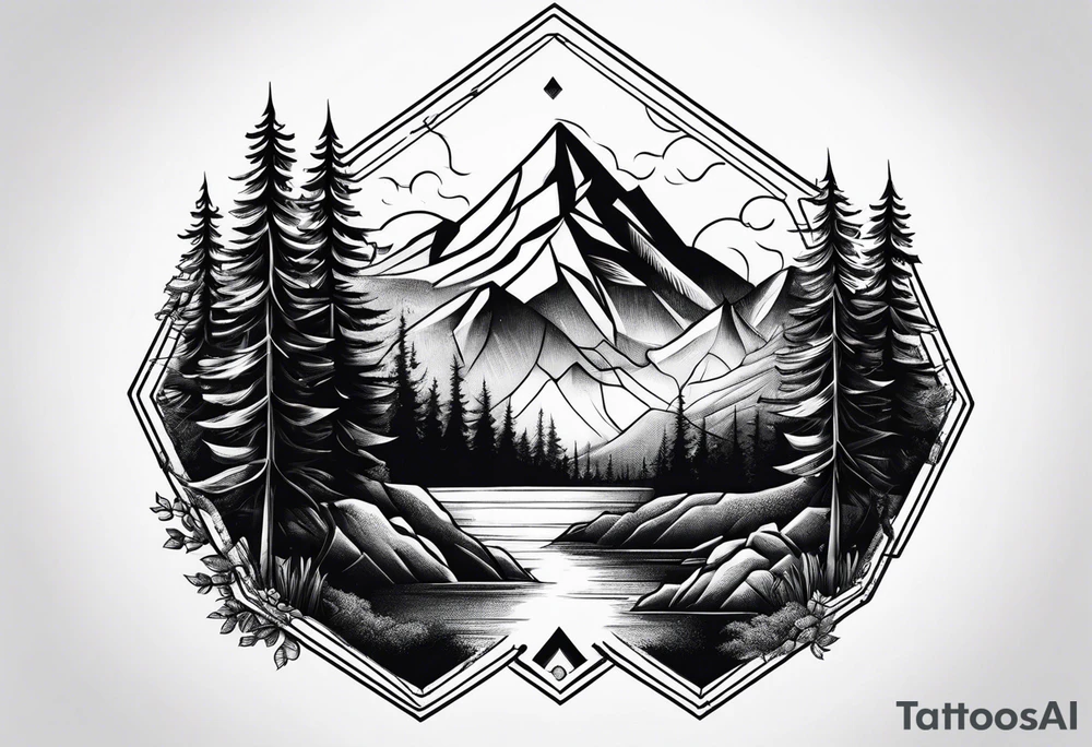 hexagon with mountain with trees tattoo idea