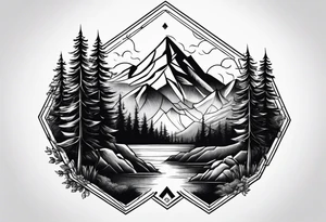 hexagon with mountain with trees tattoo idea