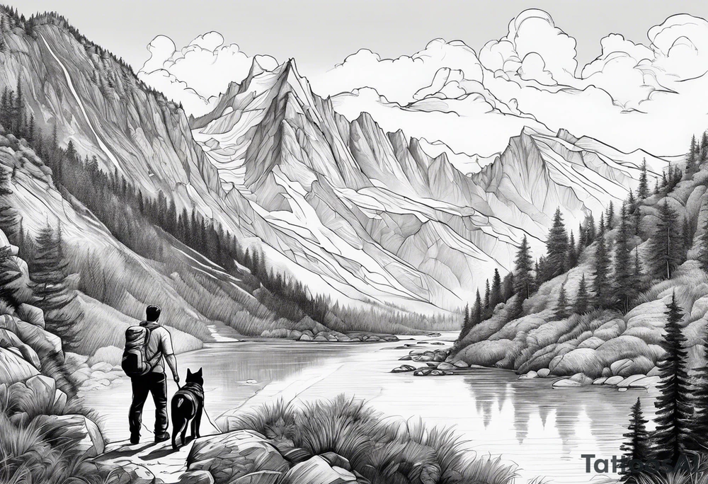 father son hiking with their dog and cat in the mountains, nature, waterfall, rive tattoo idea