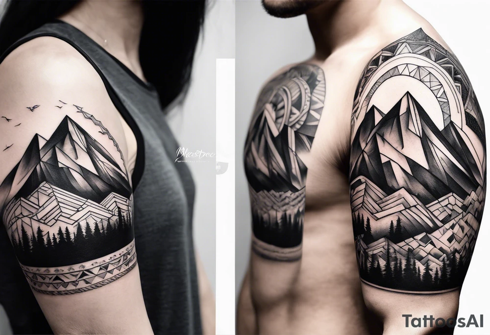 A geometric half sleeve with a mountain peak tattoo idea
