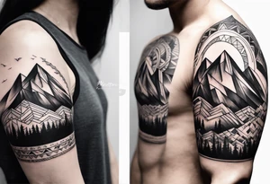 A geometric half sleeve with a mountain peak tattoo idea