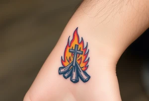Campfire with cross hidden in the flames with nod to camping tattoo idea
