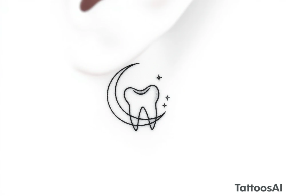Fine-line, minimalist tattoo of a small molar tooth delicately cradled by a thin crescent moon, with two tiny sparkling stars floating nearby. Very subtle dot-work shading only at the base of the tooth for depth. Clean black-ink line-art, airy and elegant, designed for a small behind-the-ear placement tattoo idea