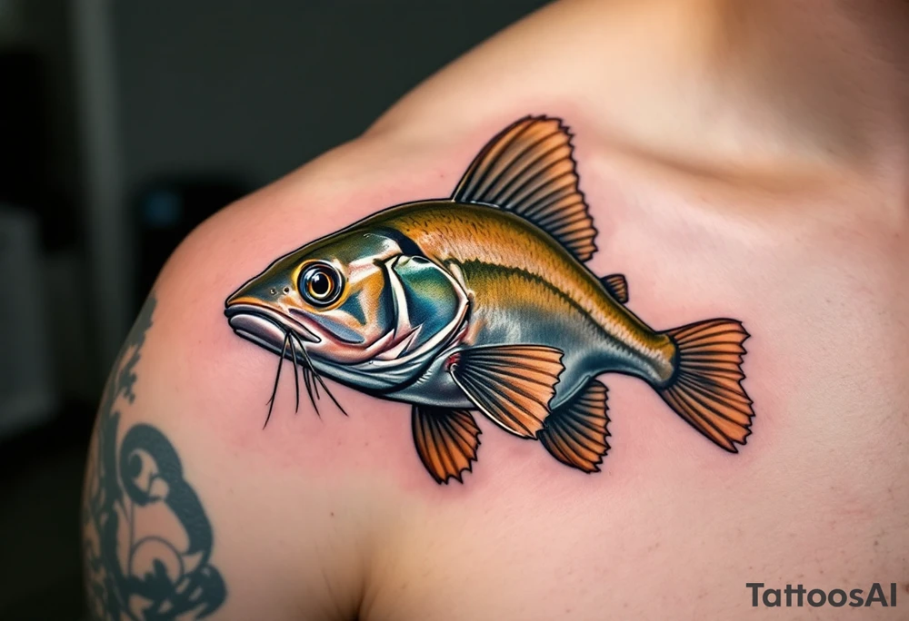 Realistic Catfish Portrait – Hyper-detailed rendering of a channel catfish with olive-green to silvery body, fine whiskers, and natural shading for a lifelike aquatic feel. tattoo idea