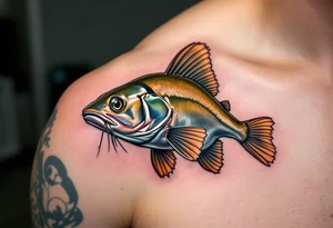 Realistic Catfish Portrait – Hyper-detailed rendering of a channel catfish with olive-green to silvery body, fine whiskers, and natural shading for a lifelike aquatic feel. tattoo idea