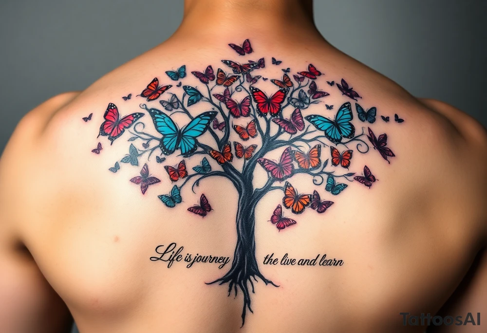 Colorful tree of life with colors purple,red, turquoise,gray , black with 23 beautiful colorful butterflies and the words" Life is a journey that you should live and learn from. tattoo idea