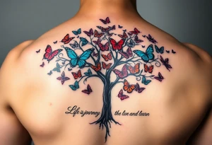 Colorful tree of life with colors purple,red, turquoise,gray , black with 23 beautiful colorful butterflies and the words" Life is a journey that you should live and learn from. tattoo idea