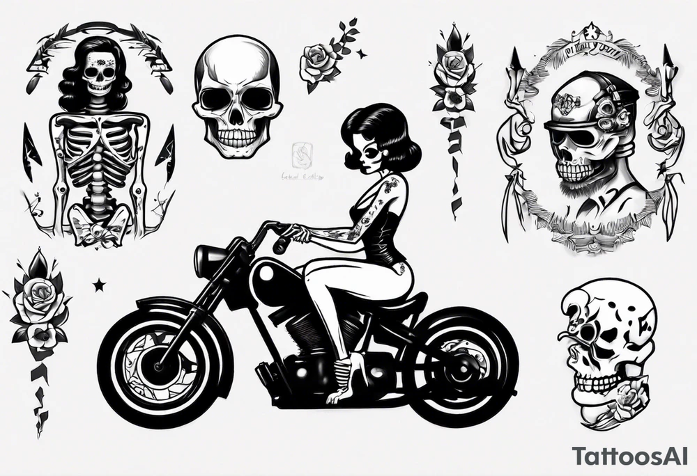 Skeleton pinup doll and motorcycle tattoo idea
