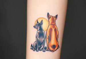 a meryle australian cattle dog and a tan pitbull standing looking out over into the sunset tattoo idea