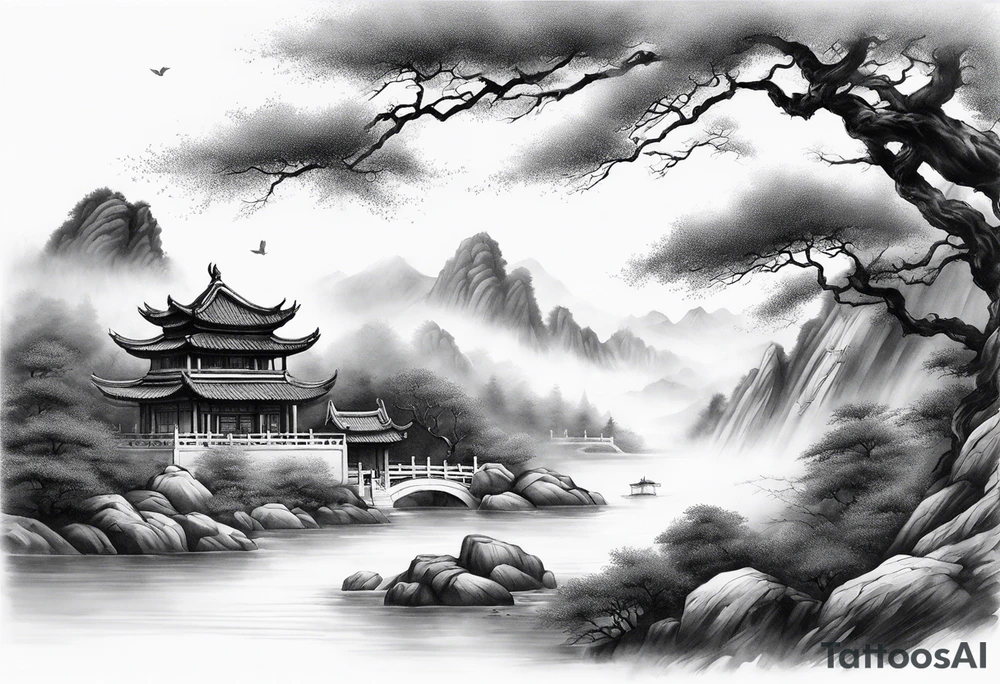 forearm sleeve traditional chinese art painting style autumn mountains mist fog water Chinese temple female with pony tail wearing robes meditating in the distance tattoo idea
