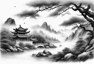 forearm sleeve traditional chinese art painting style autumn mountains mist fog water Chinese temple female with pony tail wearing robes meditating in the distance tattoo idea