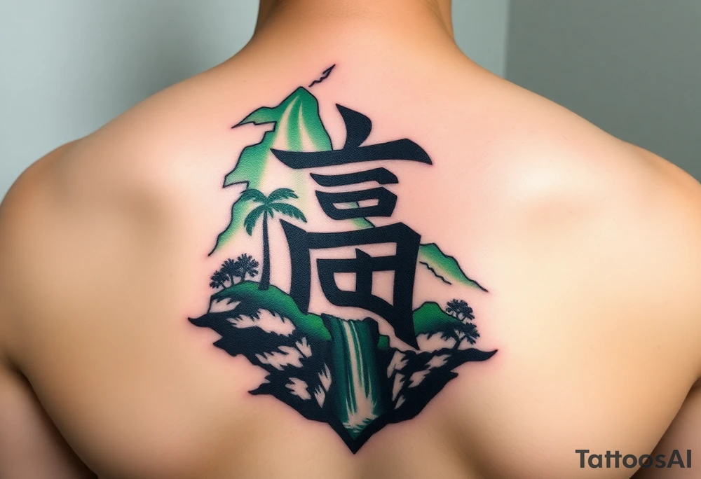 I need to import a photograph as the focal point of the tattoo. The Burmese word သား Inside of a photo the subject of the photo.  The photo surrounded by a colorful green mountainside with a waterfall tattoo idea