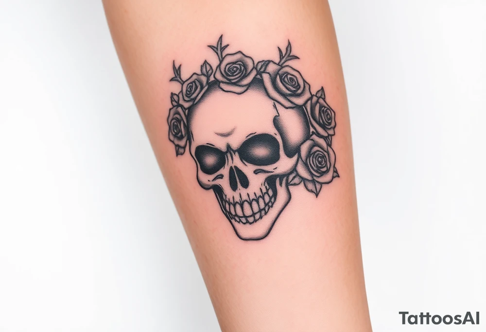 ornate skull adorned with crown of wild roses and thorns tattoo idea
