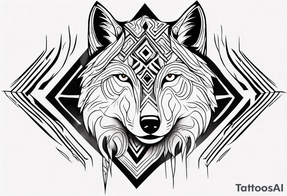 Wolf's face with geometric patterns flowing from it along with impressions of trees, a forest tattoo idea