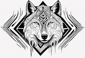 Wolf's face with geometric patterns flowing from it along with impressions of trees, a forest tattoo idea