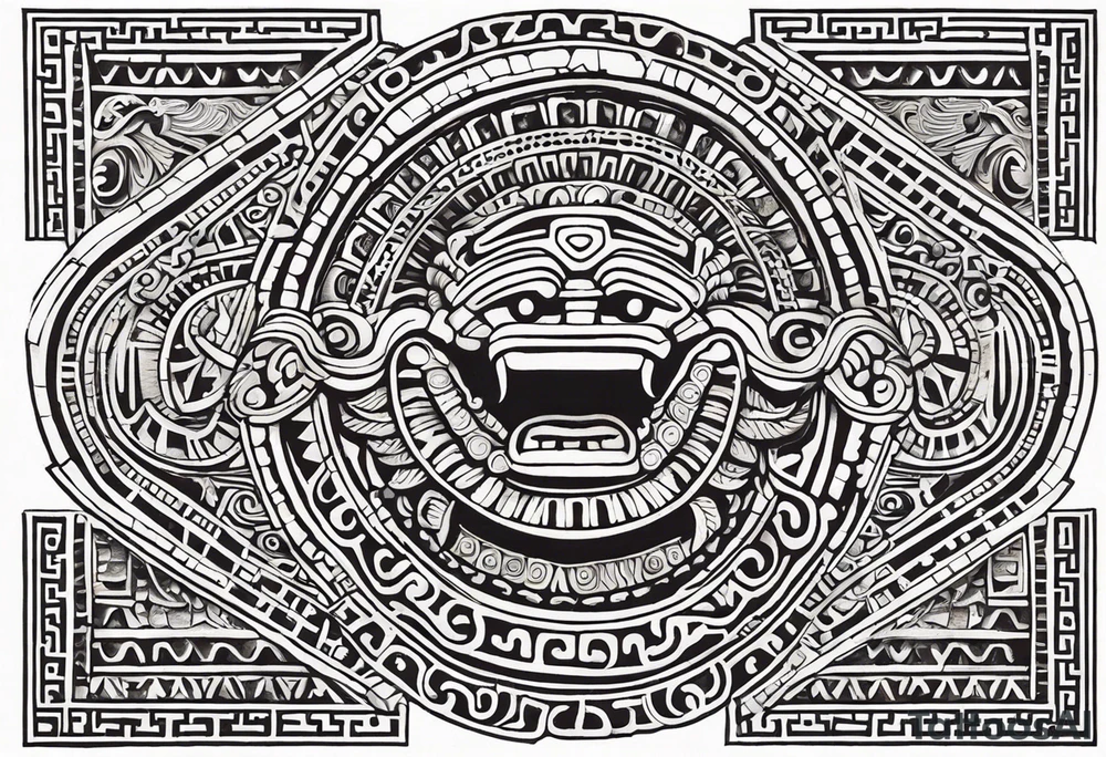 Create a right chest tattoo of Quetzalcoatl based on the original depiction discovered in the Pyramid of the Sun at Teotihuacan. Use the ancient feathered serpent form, with Quetzalcoatl's body coiling in a strong, fluid motion across the chest. Maintain the authenticity of the Teotihuacan style, with bold, angular geometric patterns and intricate detailing in the scales and feathers. The face should feature a traditional Mesoamerican headdress and mask, with the god's fierce, regal expression preserved. Make the eyes intense and striking, with sharp fangs protruding. Use black and gray shading to give the design depth, keeping the ancient stone carving aesthetic, but add subtle modern touches to enhance the masculine and powerful feel. Incorporate authentic Aztec motifs around the serpent, like the sun and stepped pyramids, as part of the chest piece to anchor the design in its historical context tattoo idea
