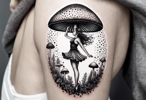 woman dancing around a mushroom tattoo idea