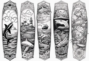 a half sleeve under forearm with a tiki, a great white shark, a turtle, and other sea life set under water tattoo idea