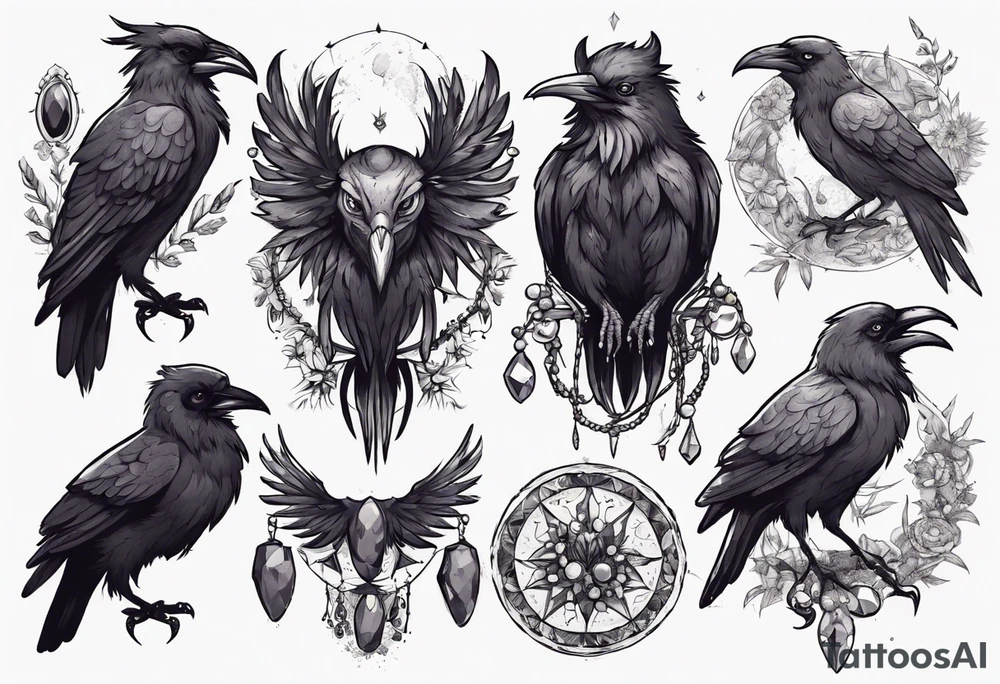 The demon Stolas in raven form surrounded by gems, astronomy and poisonous herbs tattoo idea