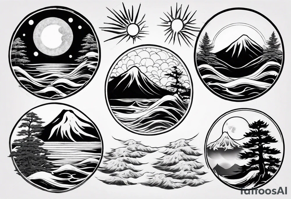 daytime yin with sun and ocean waves imagery in style of Hokusai with night time yin with moon and fir trees and mountains. edges should be blurred tattoo idea