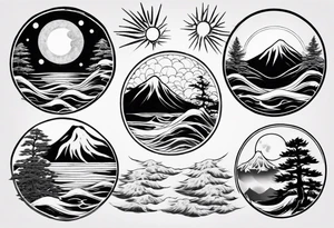 daytime yin with sun and ocean waves imagery in style of Hokusai with night time yin with moon and fir trees and mountains. edges should be blurred tattoo idea