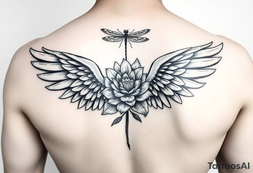 Single Angel wing shoulder design with a floral waterlily and dragonfly design above it tattoo idea