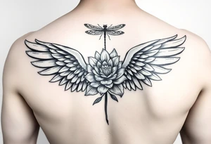 Single Angel wing shoulder design with a floral waterlily and dragonfly design above it tattoo idea