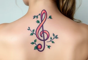 treble clef with vines growing around it, in shades of green, light pink, and soft purple tattoo idea