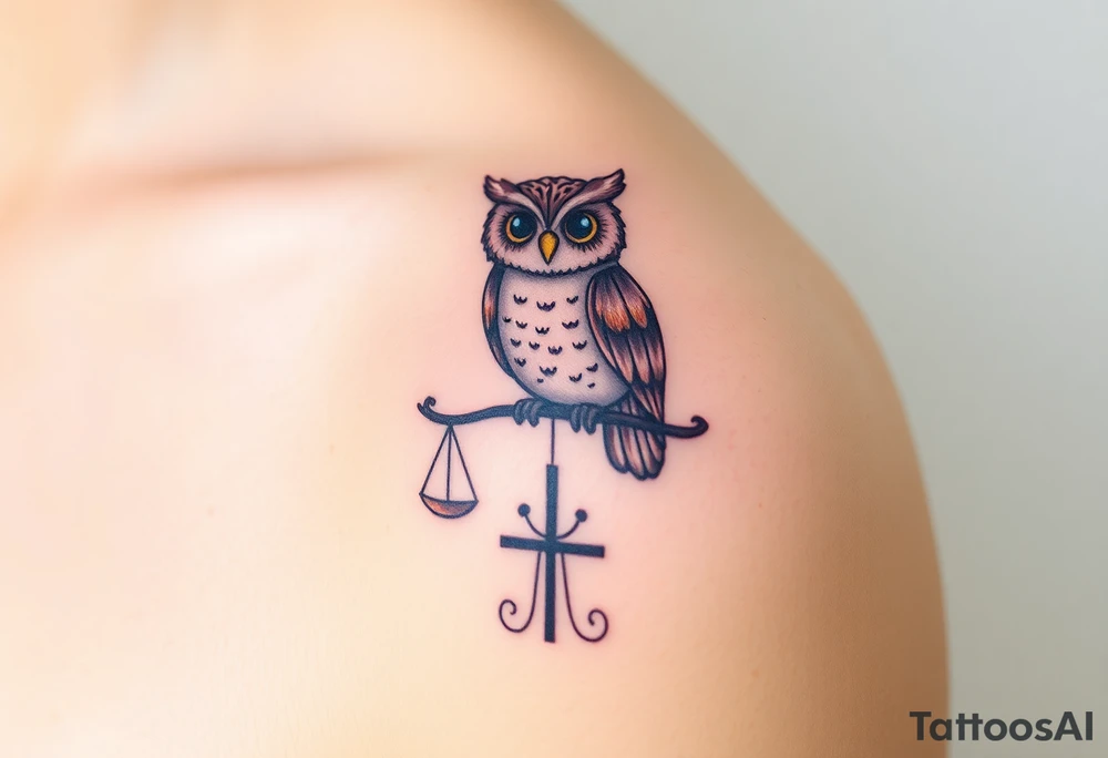 wise owl perched on libra sign tattoo idea