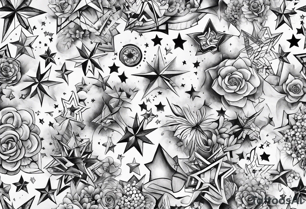 the letters tdm with different sized stars and cloads for shading tattoo idea