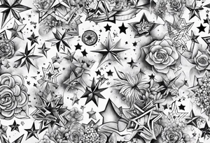the letters tdm with different sized stars and cloads for shading tattoo idea