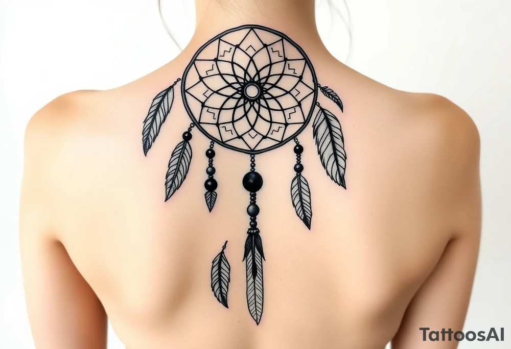 native dreamcatcher with flowing feathers and sacred beads tattoo idea