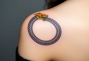 A golden dragon Ouroboros snake forming cyrcle with ruby eyes, its body covered in ancient markings tattoo idea