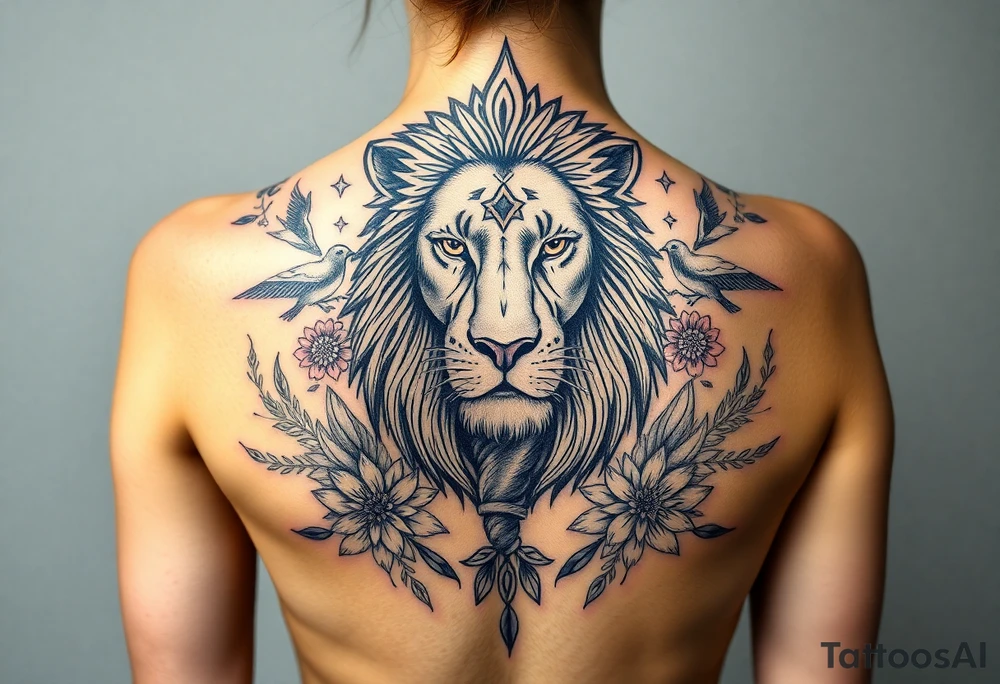 powerful majestic lion with a crown, surrounded by floral ornaments and birds tattoo idea