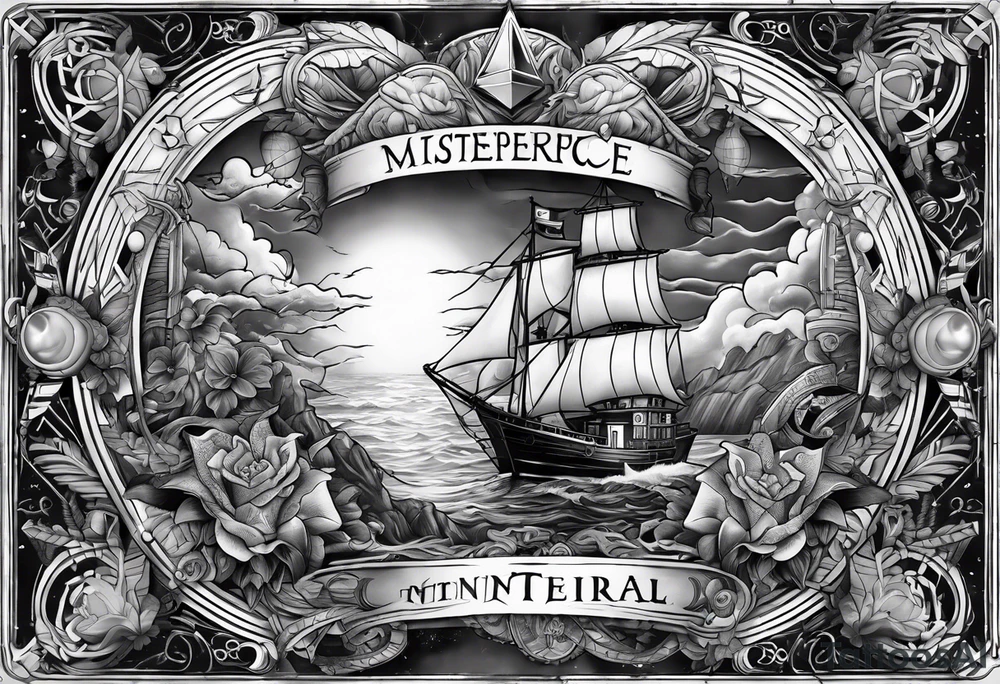 full sleeve tattoo with compass, lighthouse, bermuda triangle, crown and anchor dice, lightning in background tattoo idea