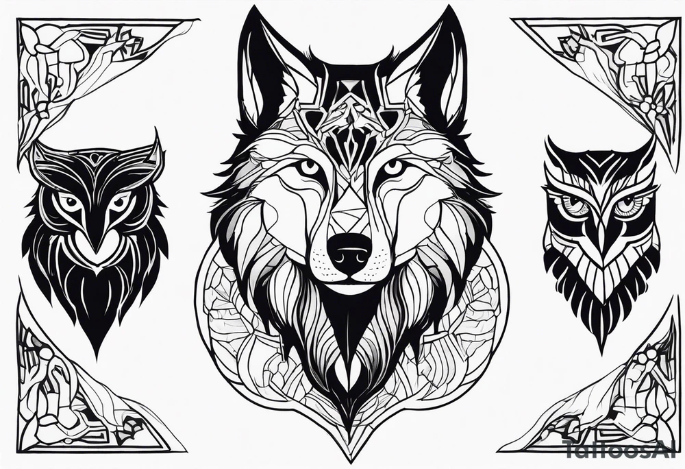 A Wolf as a father, an owl as the son and a lioness as the daughter. tattoo idea