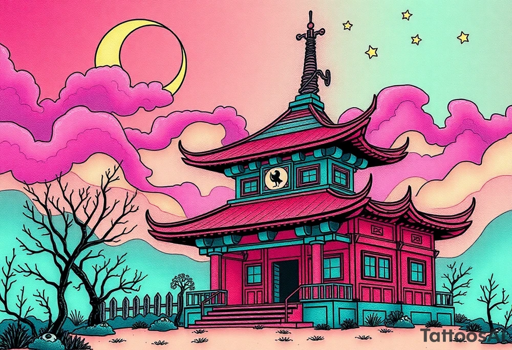 Tim Burton’s haunted pastel Tokyo shrine is abandoned and dripping with muted reds, dusty pinks, and eerie green glow.purple and cyan smokey clouds swirl in the crescent moonlit sky thats sprinkled with stars tattoo idea tattoo idea