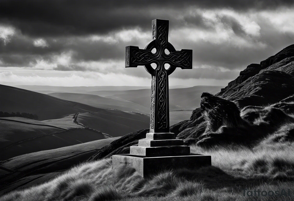 A monochromatic scene of a stone Celtic cross standing tall against a windswept hill. The intricate designs etched into the cross are starkly contrasted against its weathered, black surface. At the arm of the cross, a large raven perches elegantly, its ebony feathers seemingly absorbing the light. The bird's piercing eyes are fixed on something beyond the viewer's sight, lending an air of mystery to the already enigmatic monument. The surrounding landscape is desolate and barren, with the occasional tuft of brown grass struggling to survive the harsh elements. A veil of fog hovers just above the ground, adding to the eerie atmosphere and further isolating the cross from the world around it. The image evokes a sense of timelessness and the enduring strength of Celtic heritage, even in the face of the relentless march of time. tattoo idea