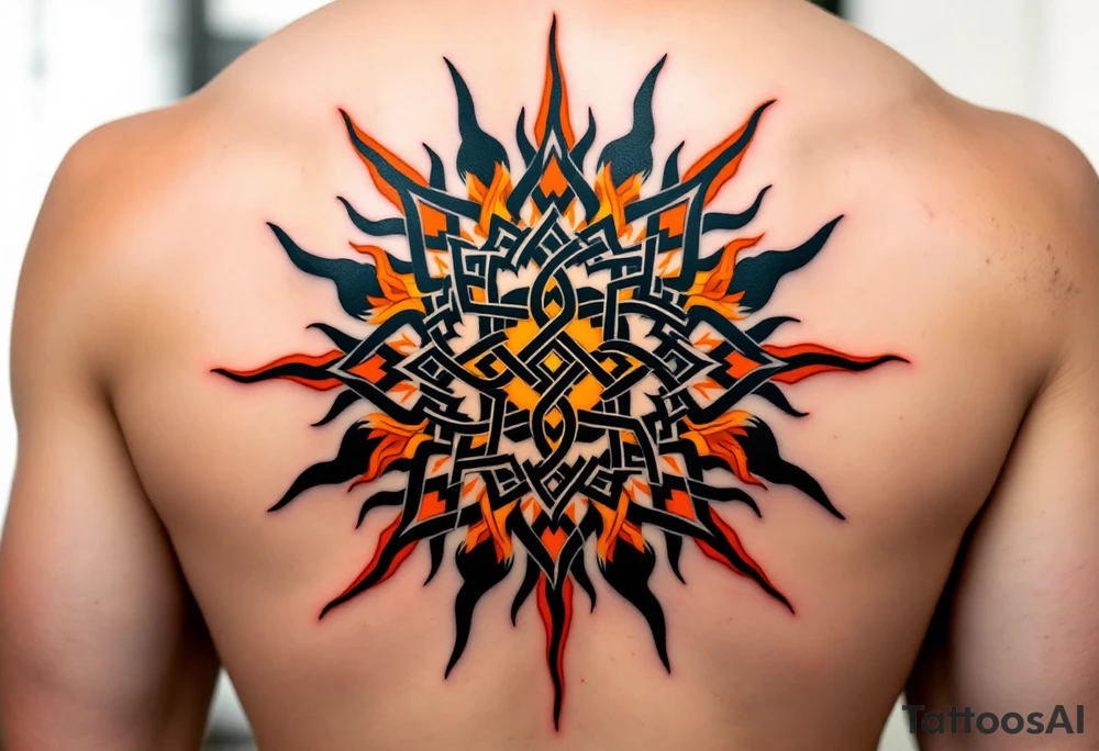 Featuring interlocked black knots and orange rays, this Celtic sun blazes with fierce energy on the upper back. tattoo idea