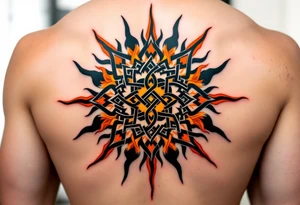 Featuring interlocked black knots and orange rays, this Celtic sun blazes with fierce energy on the upper back. tattoo idea