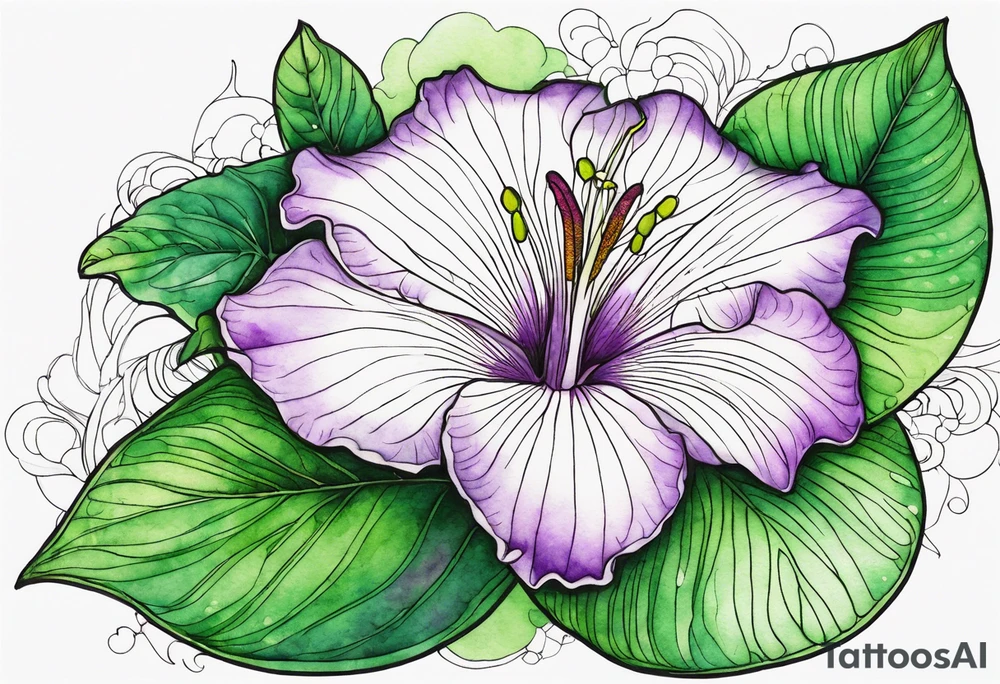An outline of a rio dipladenia flower with a green and purple watercolor background tattoo idea