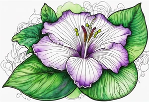 An outline of a rio dipladenia flower with a green and purple watercolor background tattoo idea